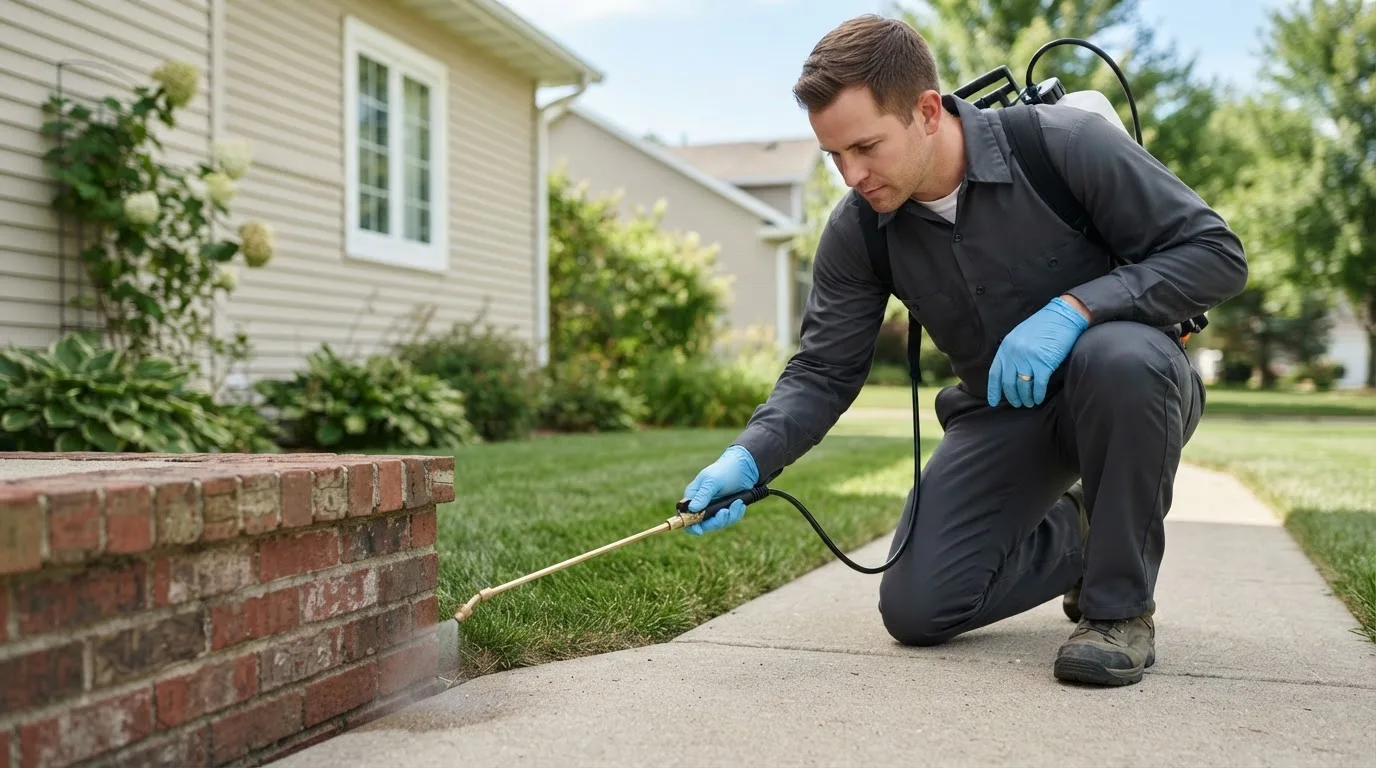 Pest control technician treating a home near Eau Claire, WI